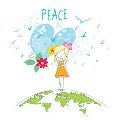 International Day of Peace. Bird, globe, flowers, heart continuous drawing. Concept of love, peace and kindness. Text. Vector