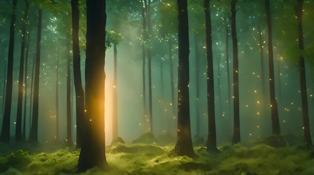 Magic forest with animated fireflies