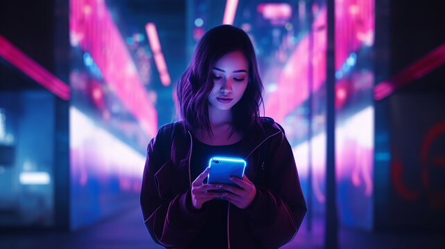 her mobile under the vibrant neon lights