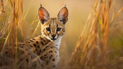 In Zambia's Kafue National Park, on the Busanga Plains, a young serval cat hunts in the tall grass.