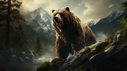 Obraz premium Majestic Bear in Its Natural Wilderness, Poised with Vigilance and Strength