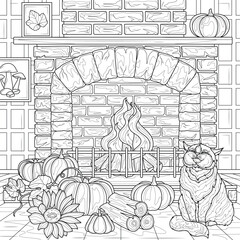 Cat by the fireplace with pumpkins.Coloring book antistress for children and adults.