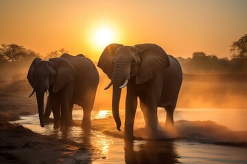 Fototapeta na wymiar Elephants sunrise savannah. Massive and unsurpassed animals walk river. Generate AI