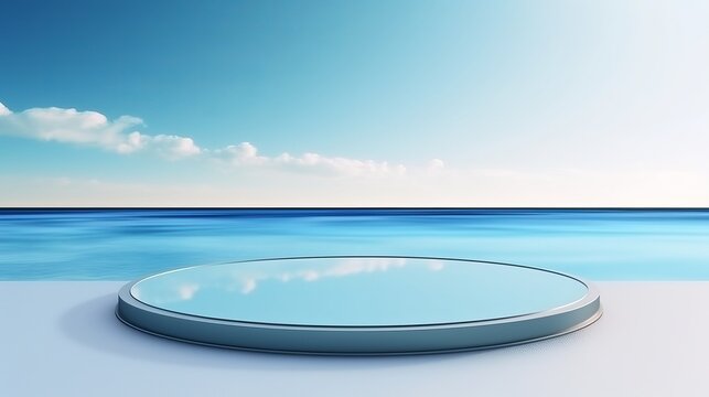 Round platform in 3D rendered on sand and water with glass wall panels. Simple landscape mockup for blue product showcase banner.