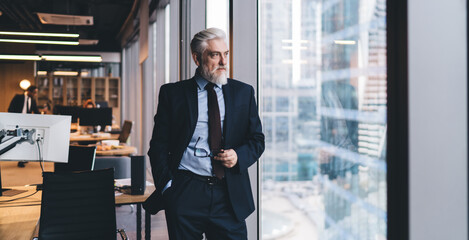 Thoughtful senior CEO leader standing in office