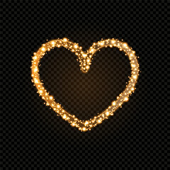 Golden heart frame with glitter particles and sparkles.