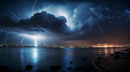 Naklejka na ściany i meble From Treasure Island, a striking lightning storm was visible over San Francisco, California.