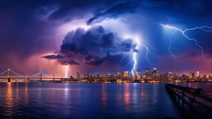 Foto op Canvas From Treasure Island, a striking lightning storm was visible over San Francisco, California. © Suleyman