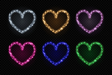 Set of glowing heart frames with sparkles and glitter particles.