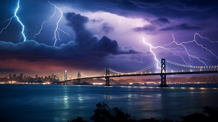 From Treasure Island, a striking lightning storm was visible over San Francisco, California. - obrazy, fototapety, plakaty