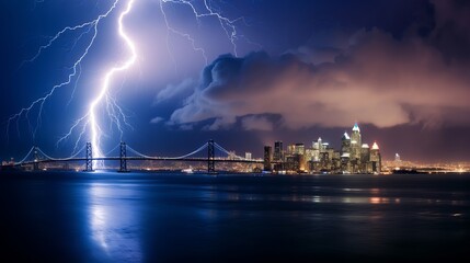 Naklejka na ściany i meble From Treasure Island, a striking lightning storm was visible over San Francisco, California.