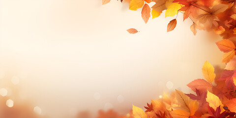 Autumnal Equinox holiday background, bright yellow colors. place for text.autumn background with leaves,Tree maple leaves like a frame for copy space on a blurred orange and yellow ,generative ai
