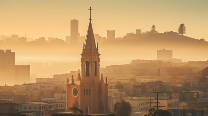 A view of San Francisco's church in the dusk light of the setting sun. - obrazy, fototapety, plakaty
