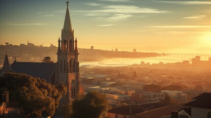 A view of San Francisco's church in the dusk light of the setting sun. - Powered by Adobe