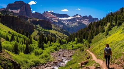 A woman trekking in the Uncompahgre National Forest near Ouray, Colorado's Bear Creek National Recreation Trail. - obrazy, fototapety, plakaty