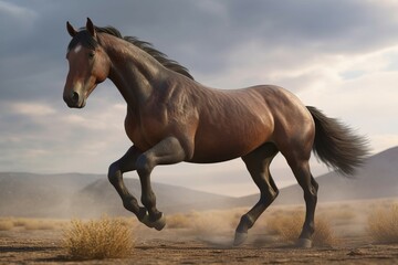 Obraz na płótnie Canvas Young equine gallops. Powerful and muscular horse runs brown ground. Generate AI
