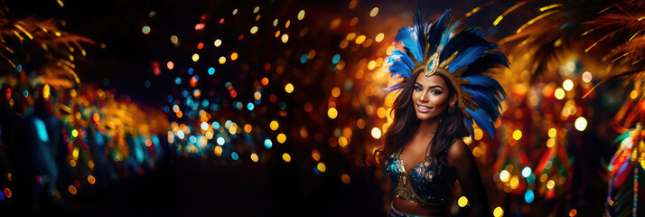 beautiful young Brazilian girl at a carnival in Brazil, fancy dress, outfit, masquerade, feathers, rhinestones, woman, makeup, portrait, smiling face, joy, happiness, dancing, sparkles, sequins - obrazy, fototapety, plakaty