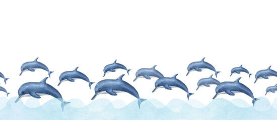 Flock of swimming dolphins in cartoon style with abstract waves. Seamless banner of jumping sea animals. Watercolor illustration with porpoise. For print, wallpaper, banner, wrapping, poster