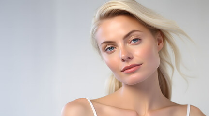 Fototapeta premium Blond woman model with glowing skins, for healthy look on white background