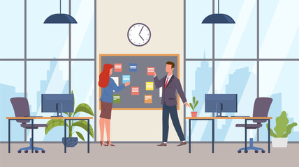 Bulletin board on wall in office filled with employee tasks. Man and woman planning, colorful stickers on blackboard. Colleagues brainstorming. Cartoon flat isolated vector concept
