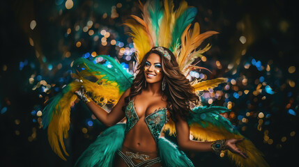 Obraz na płótnie Canvas beautiful young Brazilian girl at a carnival in Brazil, fancy dress, outfit, masquerade, feathers, rhinestones, woman, makeup, portrait, smiling face, joy, happiness, dancing, sparkles, sequins