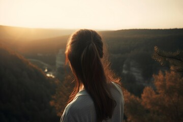 Fototapeta premium Woman scenic nature rear view. Female traveler admiring nature landscape. Generate ai