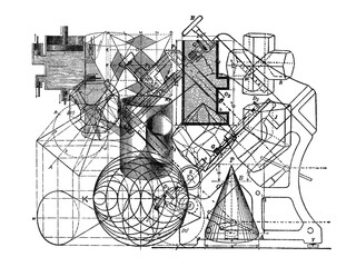 Superimposed geometry and engineering diagrams on transparent background
