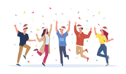 Girls and guys dancing at party dressed in Santa Claus hats. Christmas and new year celebration. Happy men and women together, confetti flying. Cartoon flat isolated vector concept