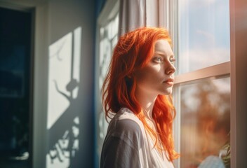 Woman with red hair near the sunny morning window. Pretty lady dreaming near the home glass window. Generate ai