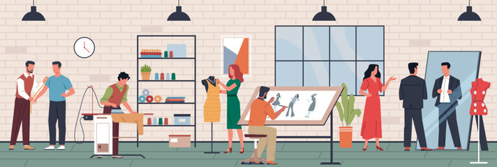 People in atelier. Tailor characters, fashion designer creates new clothes collection, measurement, fitting, ironing, workshop cartoon flat isolated illustration. Nowaday vector concept - obrazy, fototapety, plakaty