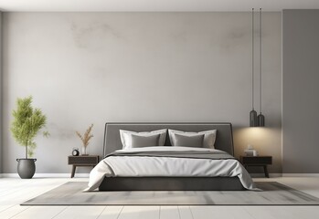 Modern bedroom interior design with sofa cozy bed against a gray wall on the carpet. Two side cabinets and plant in vase. Modern style interior design of bedroom.
