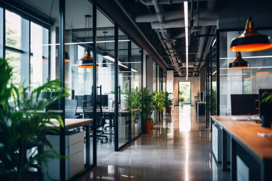 Nice modern office with beautiful long office corridor with defocused room background.