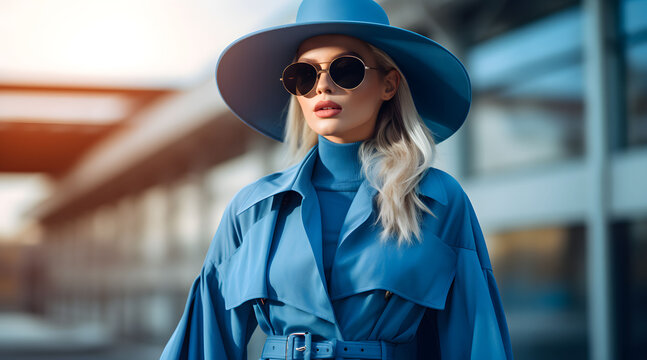 Blonde woman wearing sunglasses and blue coat
