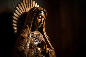 Wooden figure of virgin Maria. Religious holy church female statue. Generate ai
