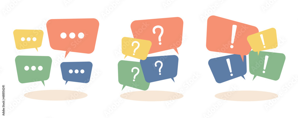 Poster talk, exclamation, and question marks in speech bubble. dialogue and quote isolated colorful element