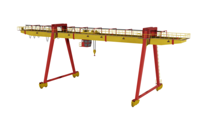 Industrial gantry crane for port or railway on isolated background, transparent alpha channel png
