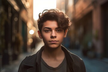 Young boy posing on street. Male teenager portrait on urban environment. Generate ai
