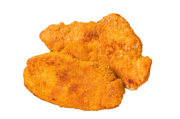 Roasted breaded german weiner schnitzel on a plate. Transparent background. Isolated. - obrazy, fototapety, plakaty