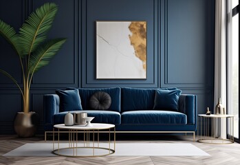 Modern living room with dark blue sofa and terra cotta pillows against a mockup painting on the molding wall. Two round tables with big plant in vase. 3D modern living room interior design.