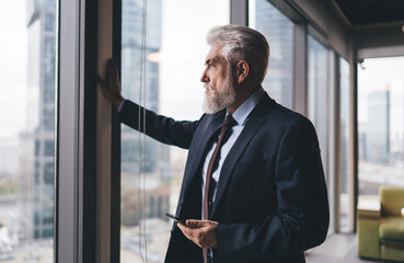 Pensive male entrepreneur looking out of window