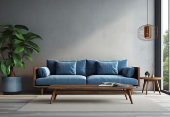 Scandinavian style modern living room with wooden blue sofa near window. Table on the rug and plant in vase. Modern cozy home interior design of living room.