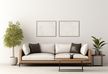 White wooden sofa with black and white terra cotta pillows against a white plain wall and two painting mockup. Modern home interior design of a modern living room.