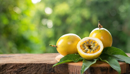 yellow passionfruit on wood with a blurred green background