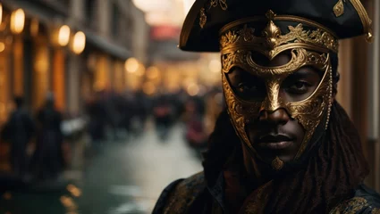 Gardinen Handsome man in venetian carnival costume with golden mask © Анастасия Макевич
