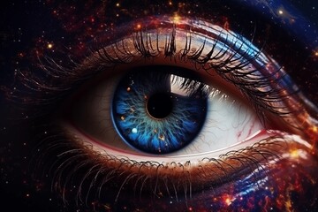 Macro shot of a human eye with a cosmic galaxy reflection. Concept of human imagination. Suitable for science fiction poster, banner, or print. Beautiful Universe - obrazy, fototapety, plakaty