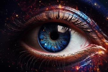 Foto op Aluminium Macro shot of a human eye with a cosmic galaxy reflection. Concept of human imagination. Suitable for science fiction poster, banner, or print. Beautiful Universe © dreamdes
