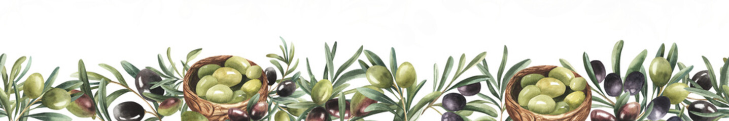 Watercolor seamless border with olive fruits ,wooden bowl and leaves. Hand painted olive branches on a white background. Botanical illustration for print, fabric, background or your design