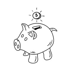 Piggy bank vector icon in doodle style. Symbol in simple design. Cartoon object hand drawn isolated on white background.