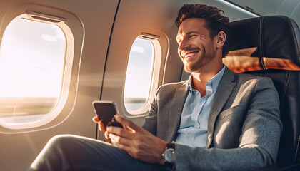 man joyfully sits in airplane