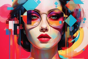 Abstract portrait of a woman with geometric shapes and vibrant color splashes. Contemporary art style mixing cubism and modernism. Design concept for creative visuals, poster, or banner